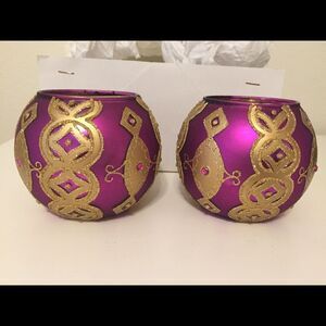 Gump's San Francisco Round Purple Gold Glitter Votive Candle Holders Set